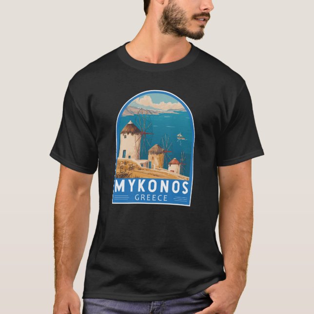Mykonos Greece Travel Art Emblem T-Shirt (Front)