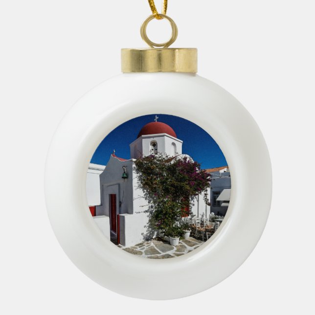 Mykonos Greece Travel Ceramic Ball Christmas Ornament (Front)