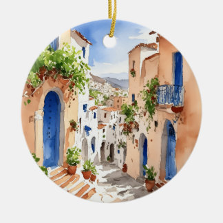 Mykonos Greece Watercolor Ceramic Ornament
