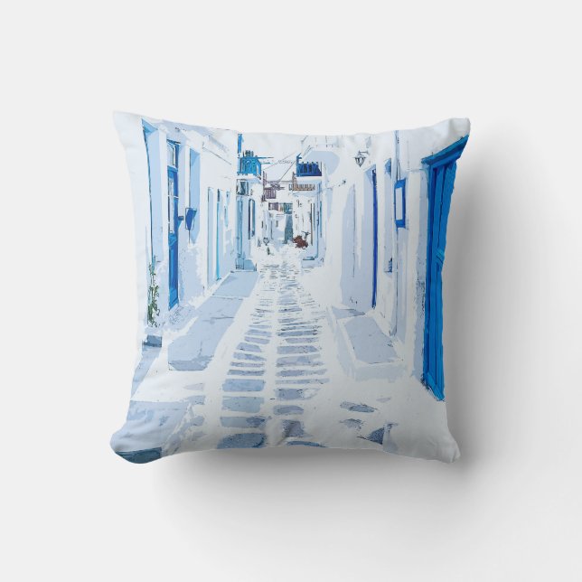 Mykonos Greece Watercolor Digital Painting Throw Pillow (Front)