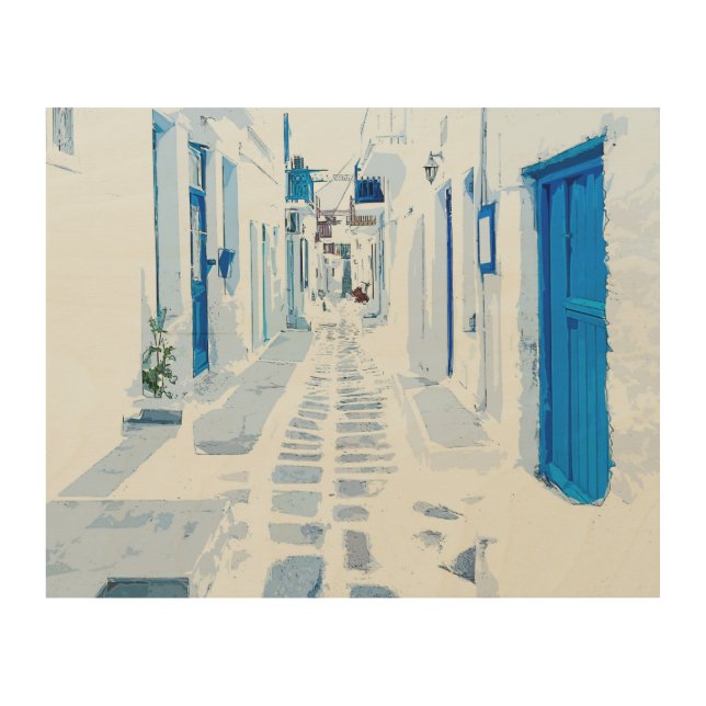 Mykonos Greece Watercolor Digital Painting Wood Wall Art (Front)