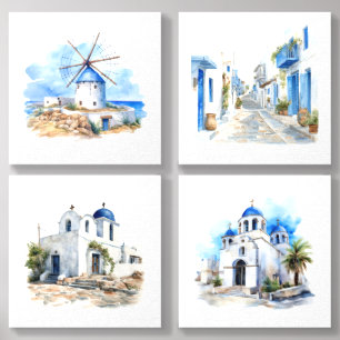 Mykonos Greece Watercolor Images Foam Core Photo Tile