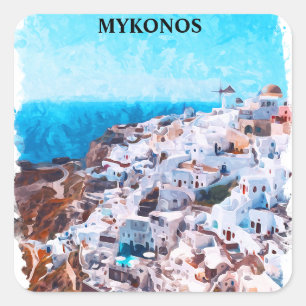 Mykonos Greece Watercolor Painting Square Sticker