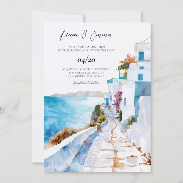 Mykonos Greece Watercolor Wedding Invitation (Front)