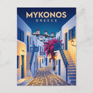 Mykonos Town at Night Greece Postcard