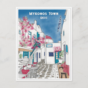 Mykonos Town Greece Travel Drawing Postcard