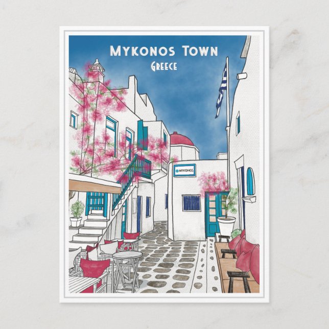 Mykonos Town Greece Travel Drawing Postcard (Front)