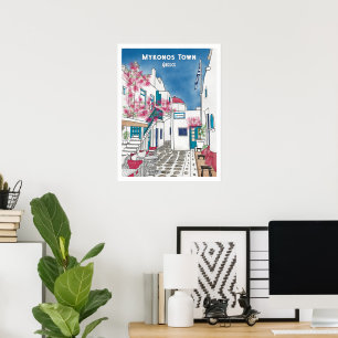 Mykonos Town Greece Travel Drawing Poster