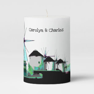 Mykonos Windmills, Cyclades, Greece.  Personalized Pillar Candle
