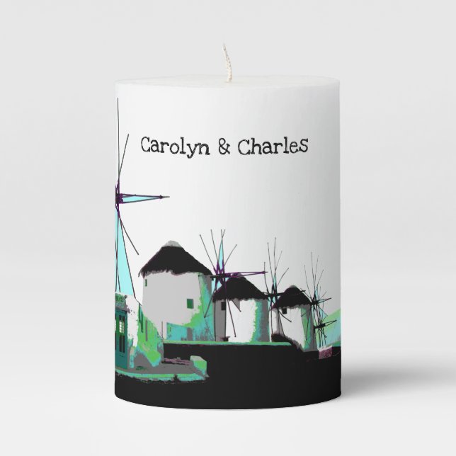 Mykonos Windmills, Cyclades, Greece.  Personalized Pillar Candle (Front)