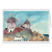 "Mykonos Windmills" watercolor art card (Front Horizontal)