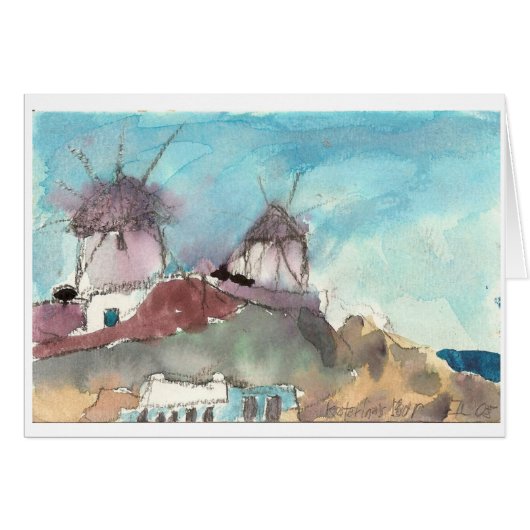 "Mykonos Windmills" watercolor art card (Front Horizontal)