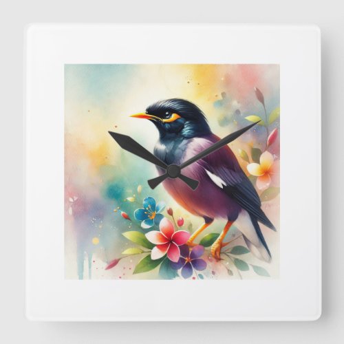 Myna Bird 050724AREF103 _ Watercolor Square Wall Clock