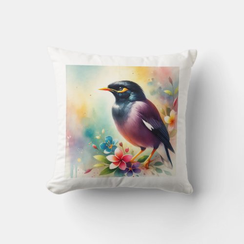 Myna Bird 050724AREF103 _ Watercolor Throw Pillow