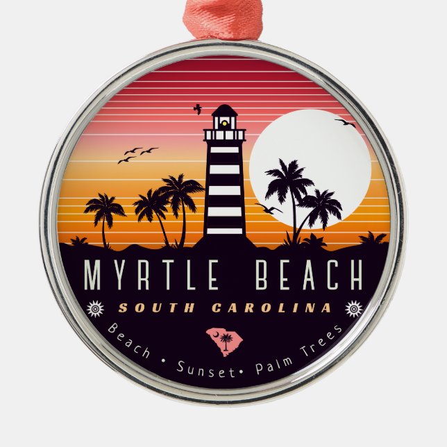 Myrtle Beach lighthouse SC Retro Sunset Souvenirs Metal Ornament (Front)