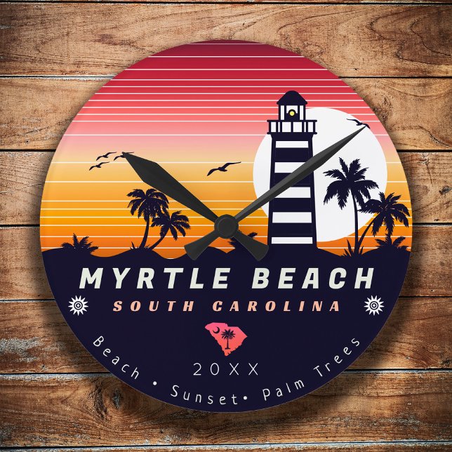 Myrtle Beach lighthouse SC Retro Sunset Souvenirs Round Clock (Creator Uploaded)