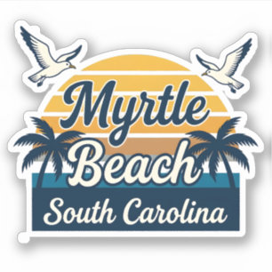 Myrtle Beach SC Retro Sunset Palm Trees Seagulls Sticker