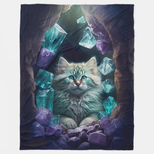 Myst the White Cat in Fluorite Cave Fleece Blanket
