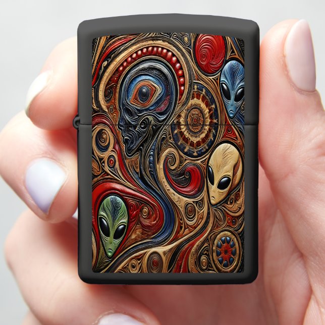 Mysterious Alien Encounter in Vibrant Cosmic Art Zippo Lighter (In Hand)