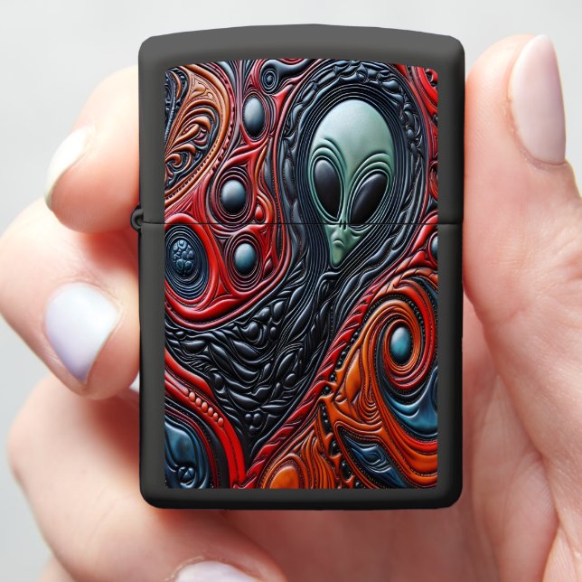 Mysterious Alien Presence in Vibrant Cosmic Swirl Zippo Lighter (In Hand)