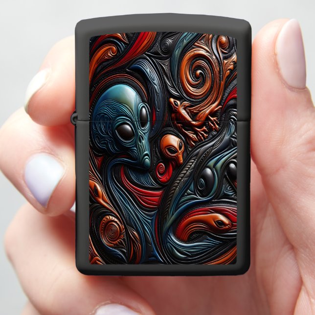 Mysterious Alien Presence in Vivid Cosmic Art Zippo Lighter (In Hand)