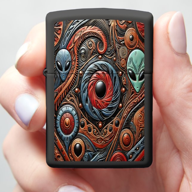 Mysterious Aliens Explore Vibrant Cosmic Patterns Zippo Lighter (In Hand)
