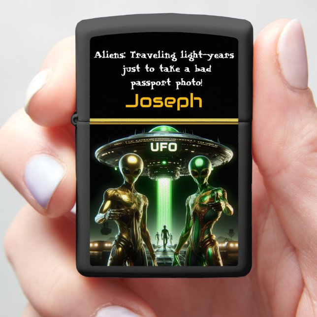 Mysterious Aliens Gather Near a Glowing Spaceship Zippo Lighter (In Hand)