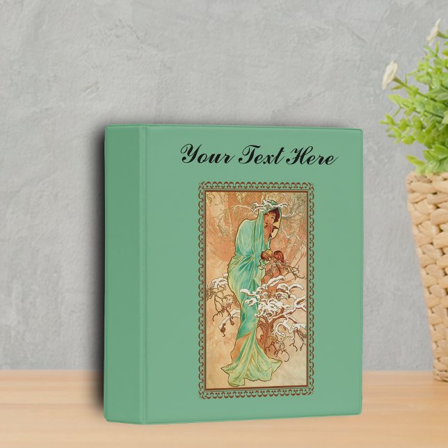 Mysterious Art deco Woman in snow Covered Tree Mini Binder (Lady in green hooded cape sitting in golden tree with snow on mint green binder.)