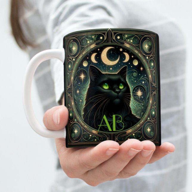 Mysterious Black Cat Celestial Art Nouveau Design Mug (Sip your coffee from this mysterious cat mug)