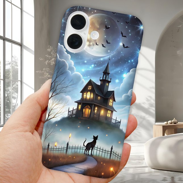 Mysterious Black Cat Halloween Phone Case  (Mysterious Halloween phone case featuring a black cat looking at a spooky house, the moon and bats)