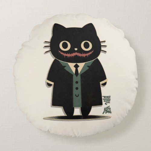 Mysterious Black Cat in Pop Culture Suit Round Pillow