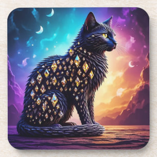 Mysterious Black Cat With Diamonds Beverage Coaster