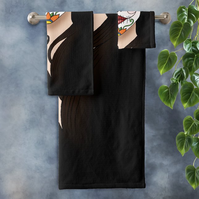 Mysterious Black Elegant Sugar Skull Portrait Bath Towel Set (Creator Uploaded)