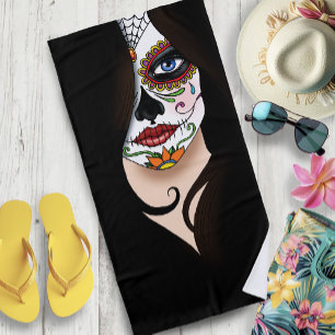 Mysterious Black Elegant Sugar Skull Portrait Beach Towel