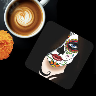 Mysterious Black Elegant Sugar Skull Portrait Beverage Coaster