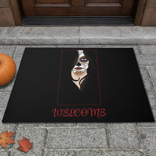 Mysterious Black Elegant Sugar Skull Portrait Doormat