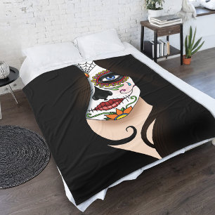 Mysterious Black Elegant Sugar Skull Portrait Fleece Blanket