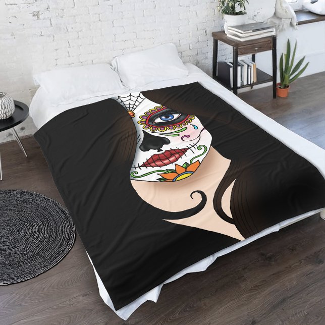 Mysterious Black Elegant Sugar Skull Portrait Fleece Blanket (Creator Uploaded)