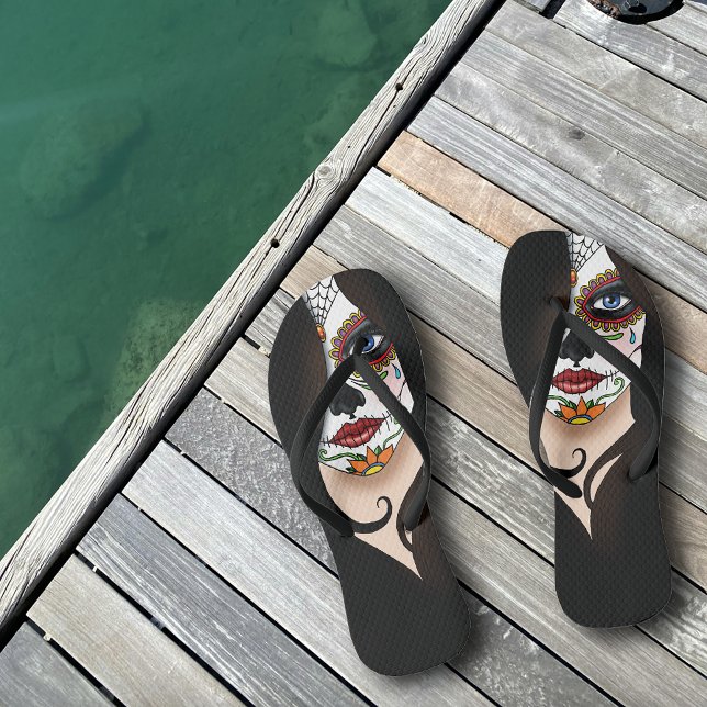 Mysterious Black Elegant Sugar Skull Portrait Flip Flops (Creator Uploaded)
