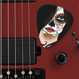 Mysterious Black Elegant Sugar Skull Portrait Guitar Pick