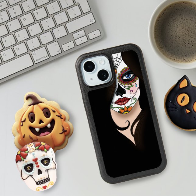Mysterious Black Elegant Sugar Skull Portrait iPhone 15 Case (Creator Uploaded)