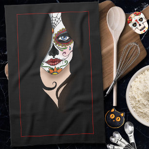 Mysterious Black Elegant Sugar Skull Portrait Kitchen Towel
