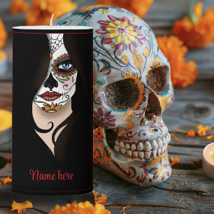 Mysterious Black Elegant Sugar Skull Portrait Pillar Candle