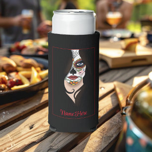 Mysterious Black Elegant Sugar Skull Portrait Seltzer Can Cooler