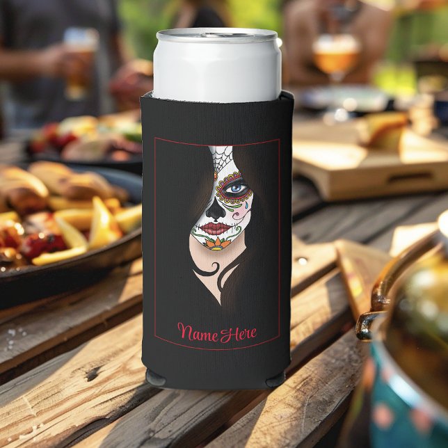Mysterious Black Elegant Sugar Skull Portrait Seltzer Can Cooler (Creator Uploaded)