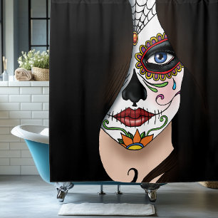 Mysterious Black Elegant Sugar Skull Portrait Shower Curtain