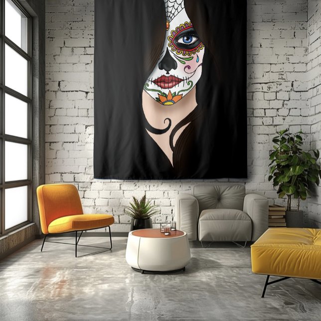 Mysterious Black Elegant Sugar Skull Portrait Tapestry (Creator Uploaded)