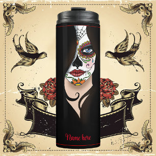 Mysterious Black Elegant Sugar Skull Portrait Thermal Tumbler