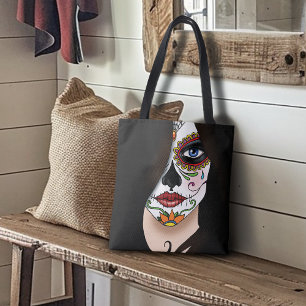 Mysterious Black Elegant Sugar Skull Portrait Tote Bag