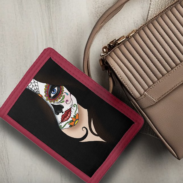 Mysterious Black Elegant Sugar Skull Portrait Trifold Wallet (Creator Uploaded)